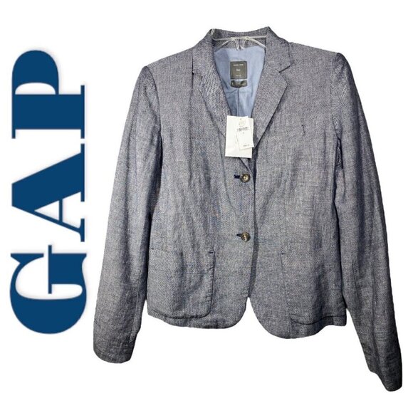 NWT GAP Linen Cotton Blend 2 Button Chambray Blue Summer Uniform Blazer, Size 2 - Picture 2 of 10